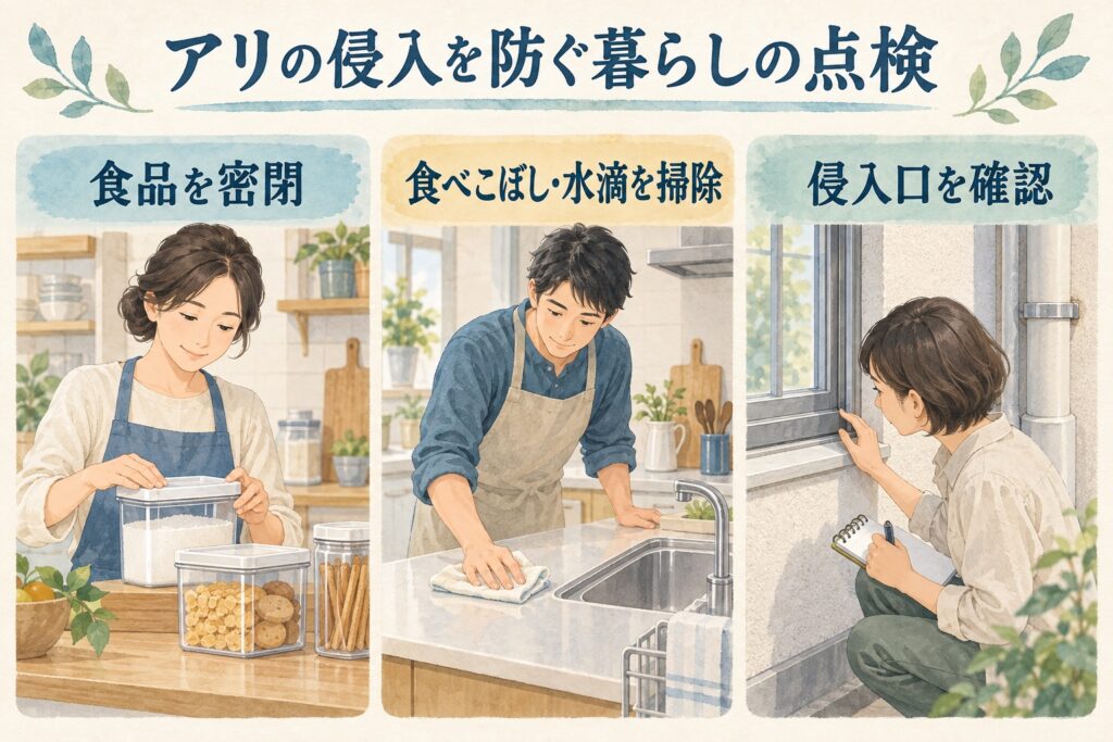 アリの侵入対策として食品を密閉し、食べこぼしと水滴を掃除して窓や配管の隙間を確認するイラスト