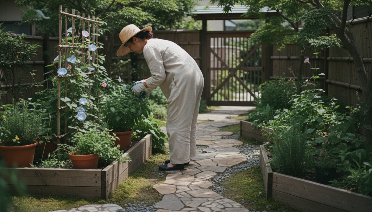 庭で明るい色の服装で作業する人