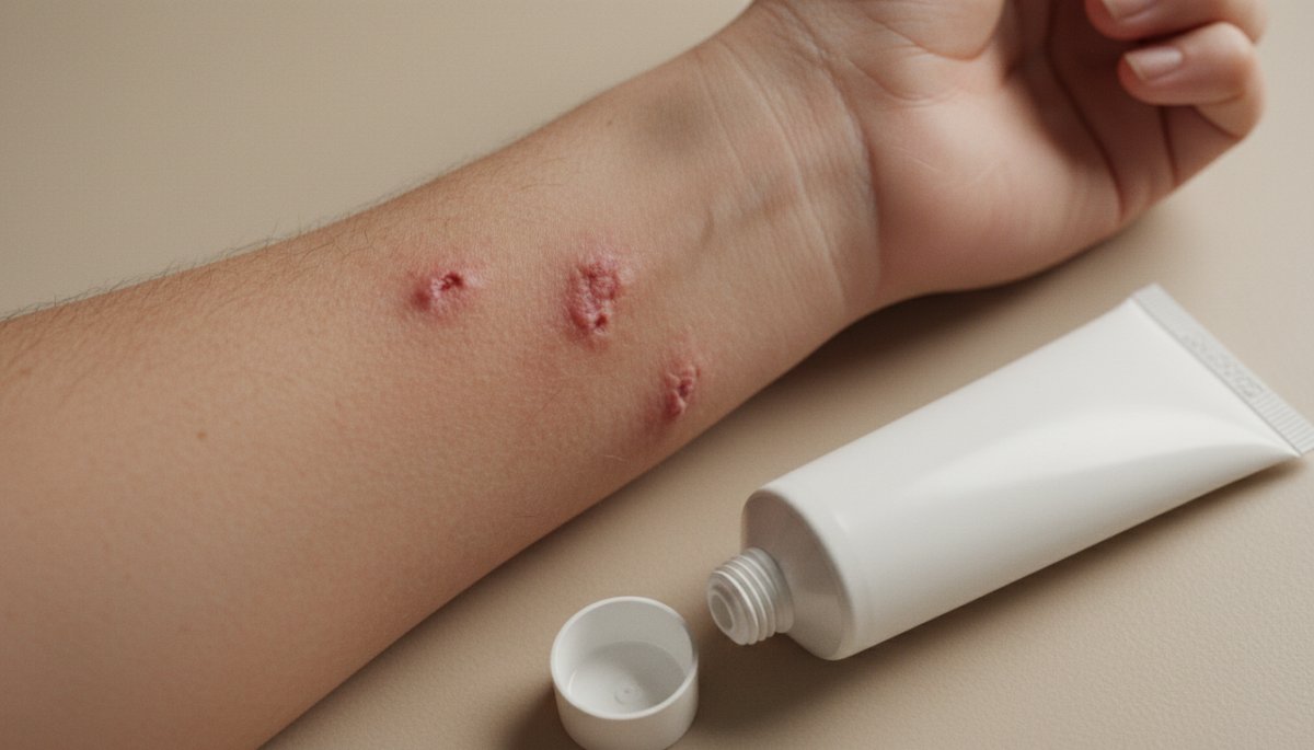 イエダニに刺された腕の赤い発疹と治療薬