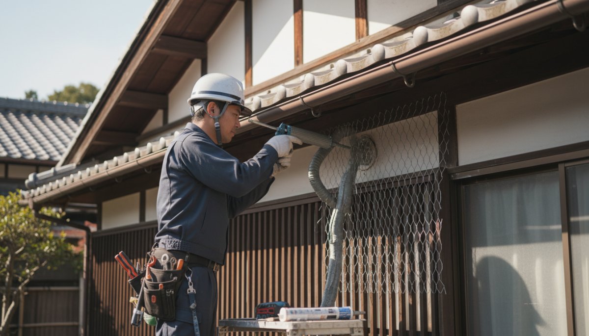 アライグマ侵入経路の封鎖作業を行う業者