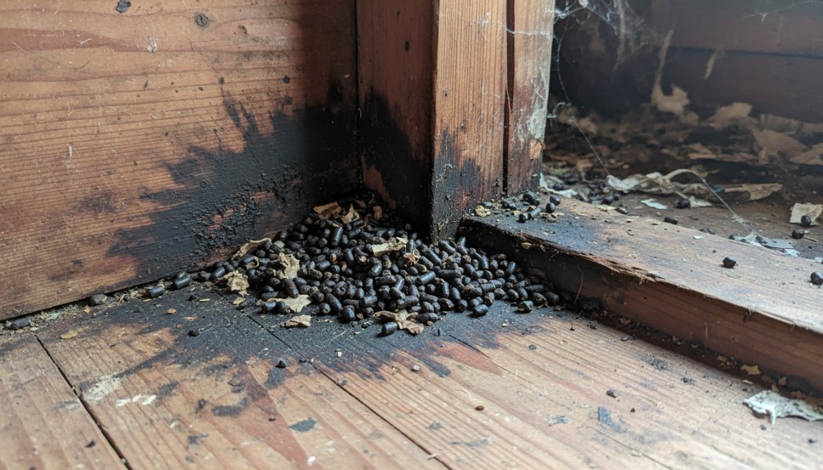 屋根裏に侵入したイタチの痕跡と糞尿被害