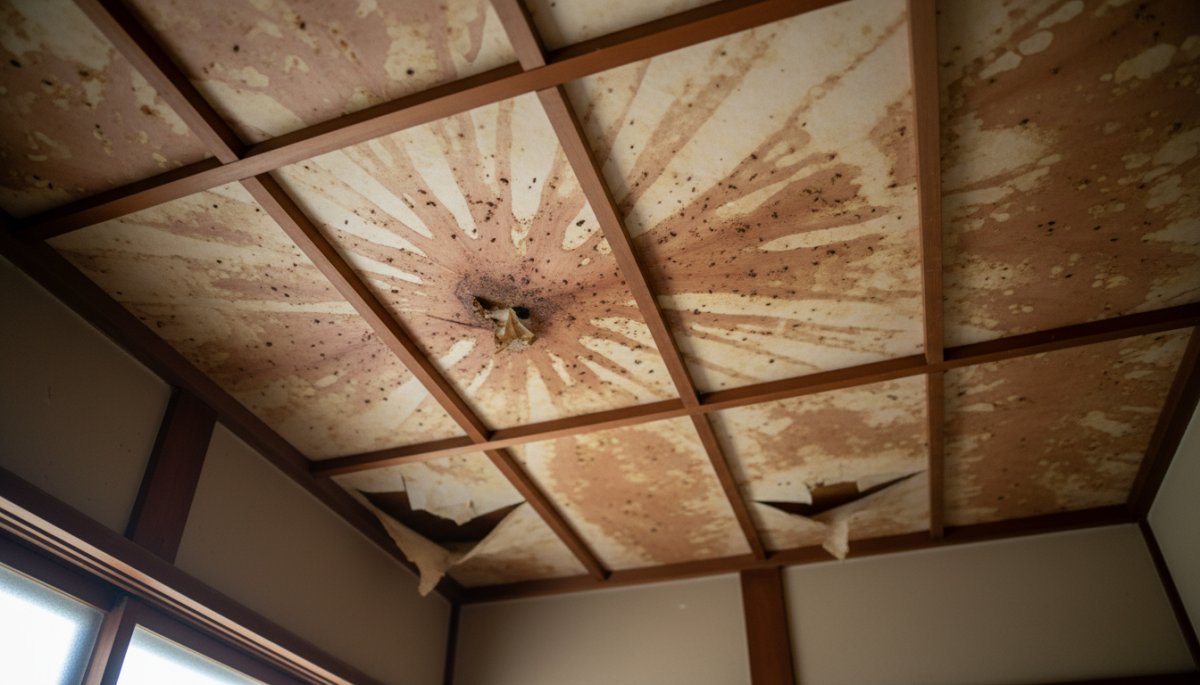 屋根裏の害獣による天井のシミと被害状況