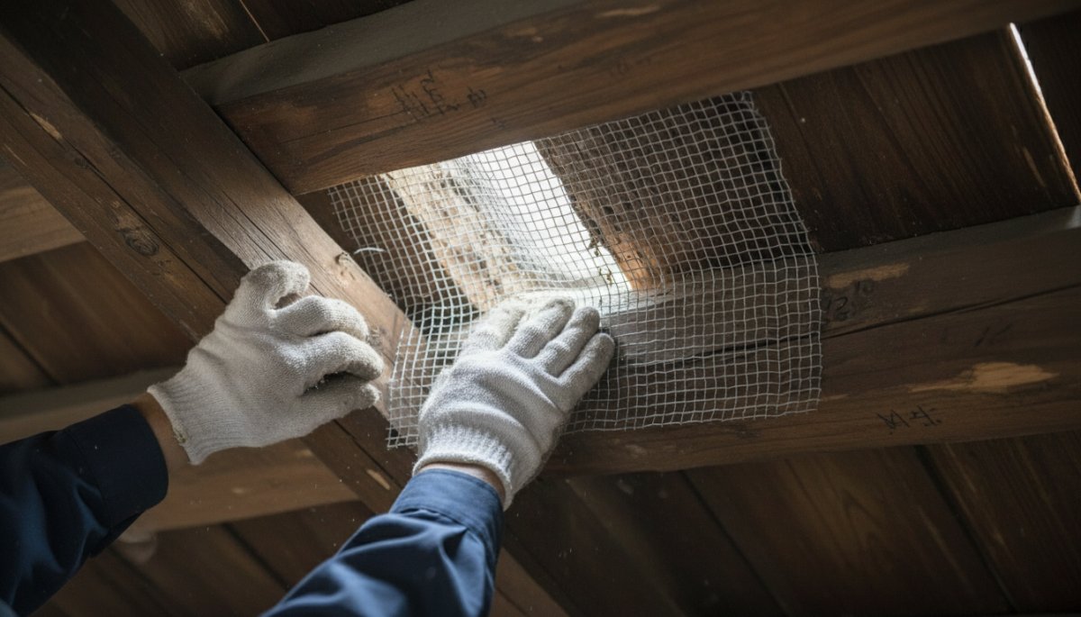 屋根裏の侵入口封鎖作業と金属ネット設置