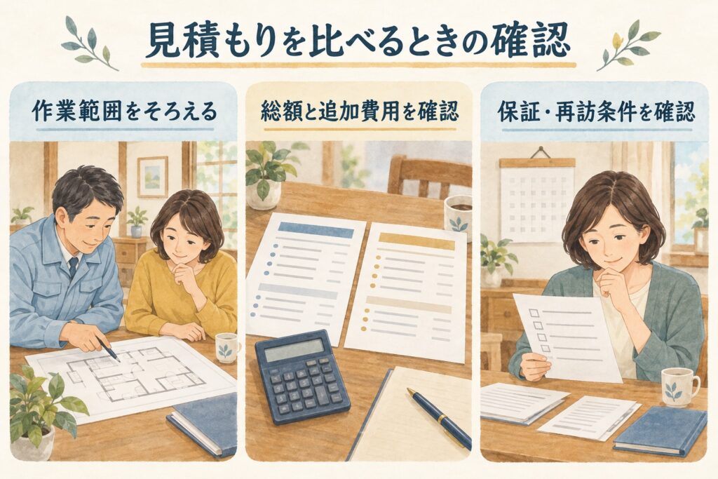 害虫駆除の作業範囲をそろえ、見積もりの総額と追加費用、保証や再訪条件を確認するイラスト