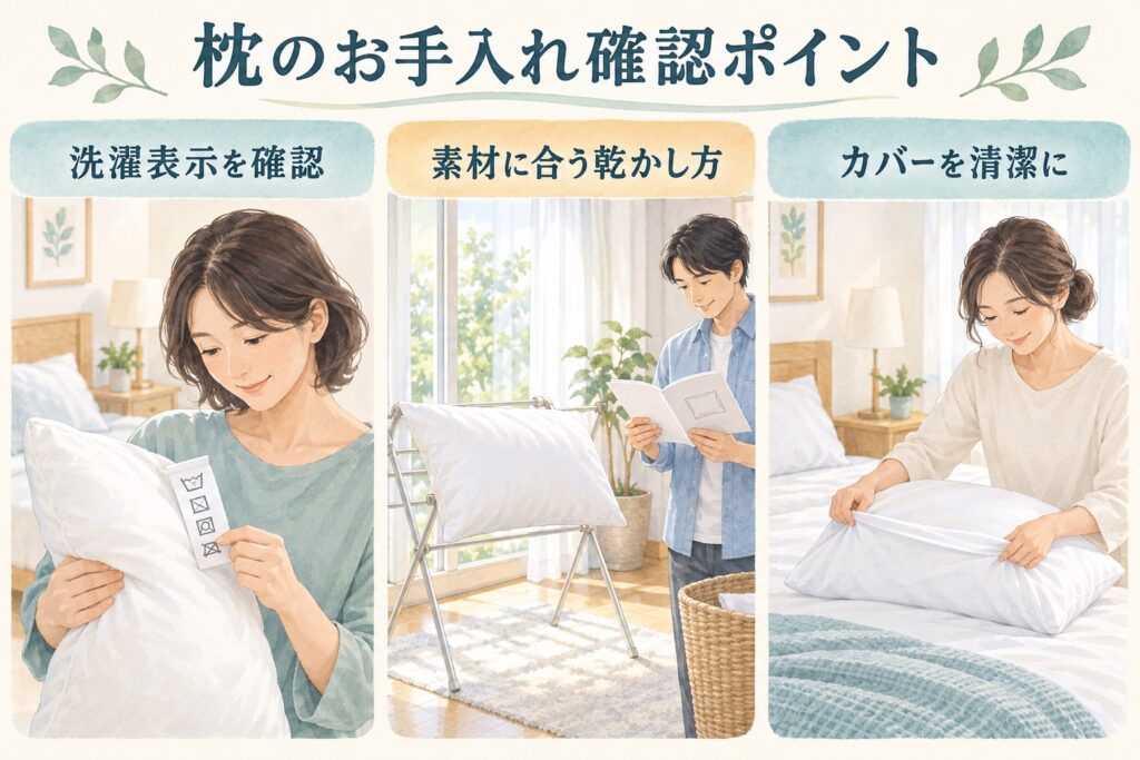 枕の洗濯表示を読み、素材に合う乾かし方を確認して清潔な枕カバーを掛けるイラスト