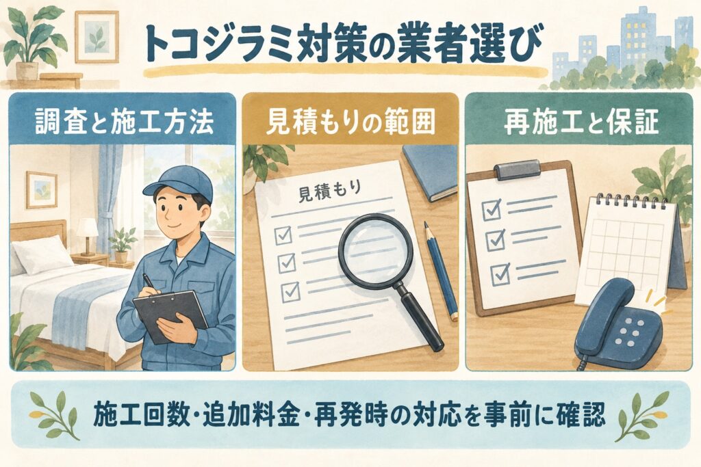 トコジラミ対策の業者選びで調査と施工方法・見積もりの範囲・再施工と保証を確認するイラスト
