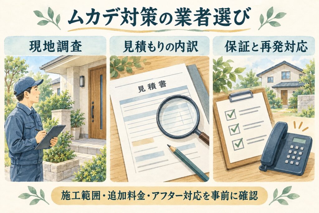 ムカデ対策の業者選びで現地調査・見積もりの内訳・保証と再発対応を確認するイラスト