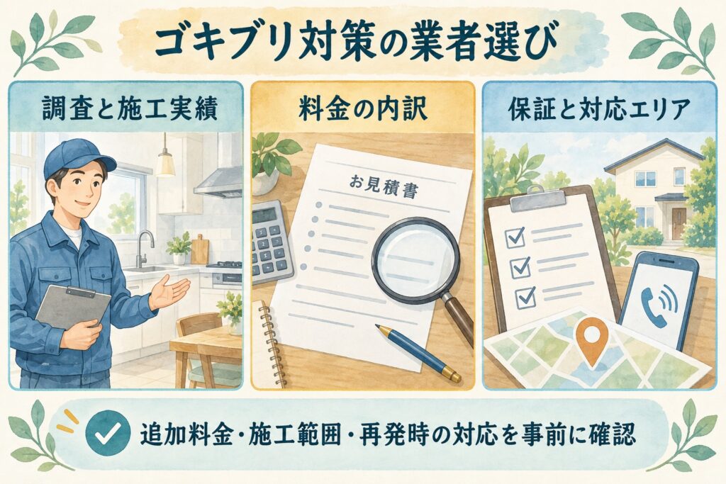 ゴキブリ対策の業者選びで調査と施工実績・料金の内訳・保証と対応エリアを確認するイラスト