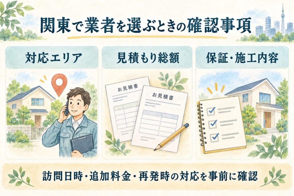 関東で害虫駆除業者を選ぶ際の対応エリア・見積もり総額・保証と施工内容の確認イラスト