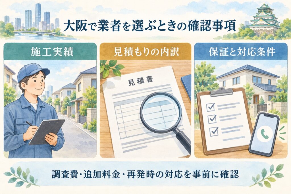 大阪で害虫駆除業者を選ぶときに施工実績・見積もりの内訳・保証と対応条件を確認するイラスト