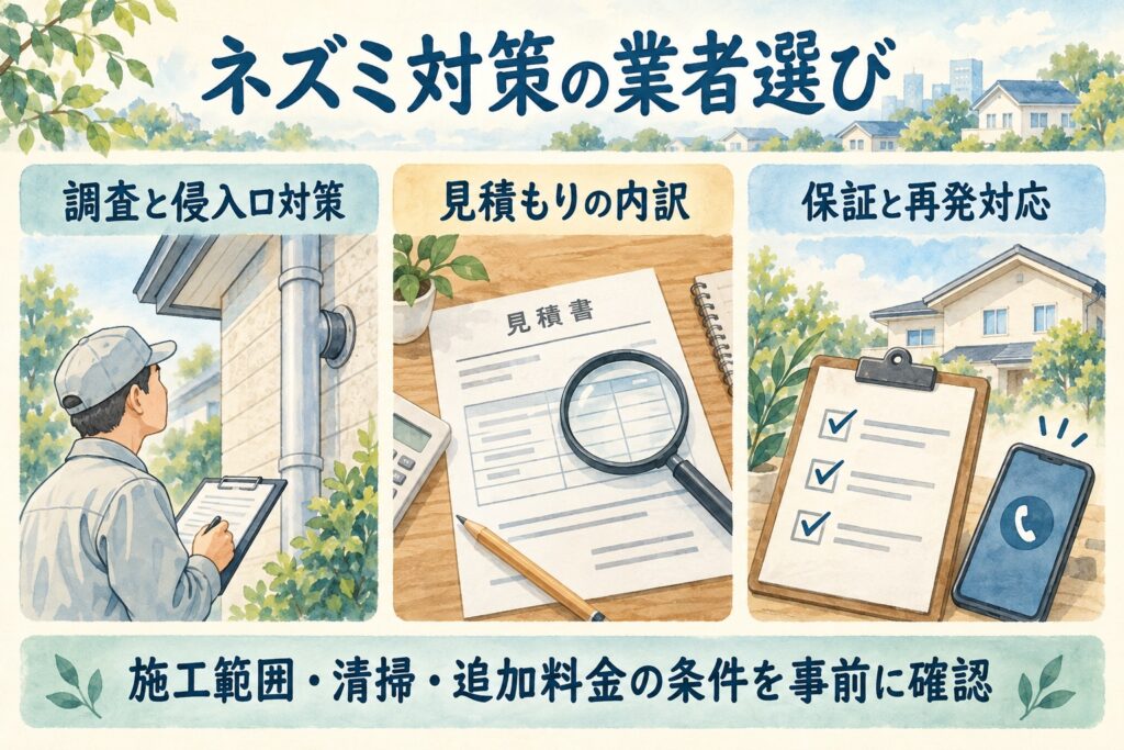 ネズミ対策の業者選びで調査と侵入口対策・見積もりの内訳・保証と再発対応を確認するイラスト