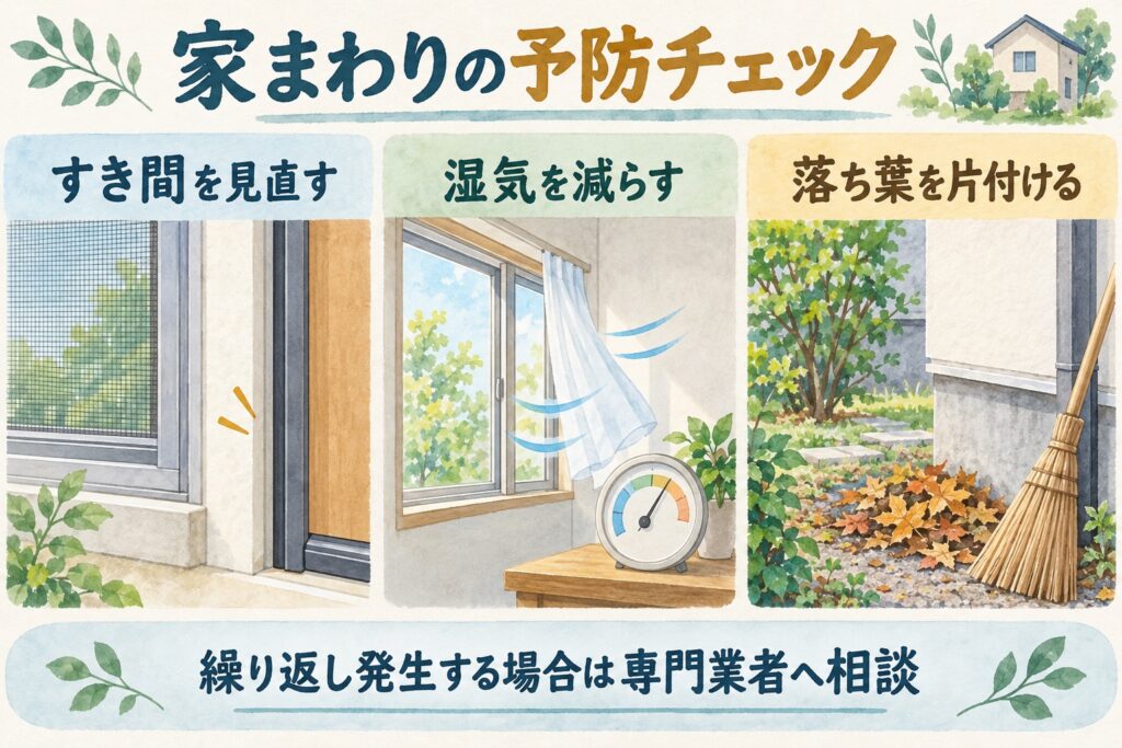 クモやヤスデの予防としてすき間・湿気・落ち葉を見直す家まわりのイラスト