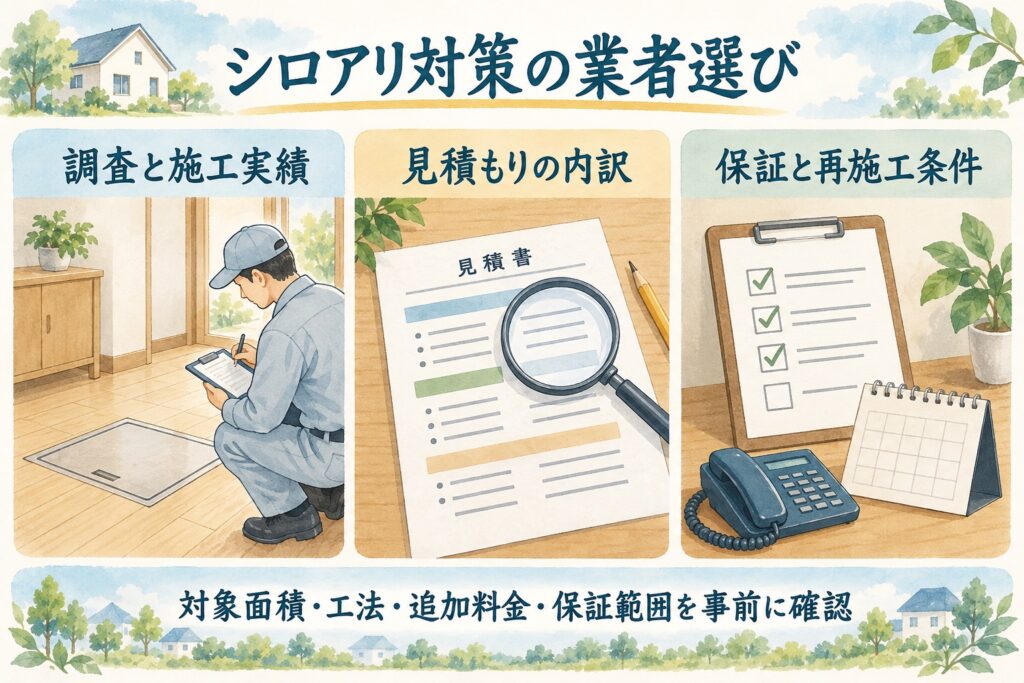 シロアリ対策の業者選びで調査と施工実績・見積もりの内訳・保証と再施工条件を確認するイラスト