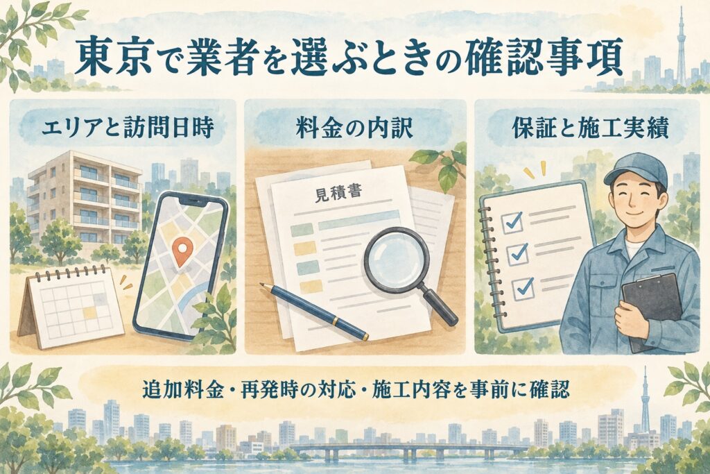 東京で害虫駆除業者を選ぶときにエリアと訪問日時・料金の内訳・保証と施工実績を確認するイラスト