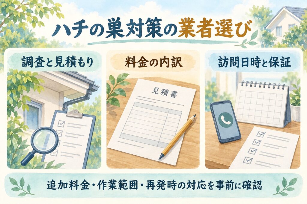 ハチの巣対策の業者選びで調査と見積もり・料金の内訳・訪問日時と保証を確認するイラスト