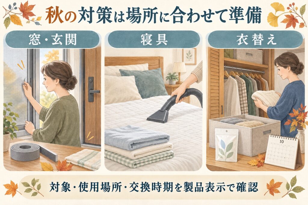 秋の害虫対策は窓・玄関、寝具、衣替えの場所に合わせて準備する。対象・使用場所・交換時期を製品表示で確認する。