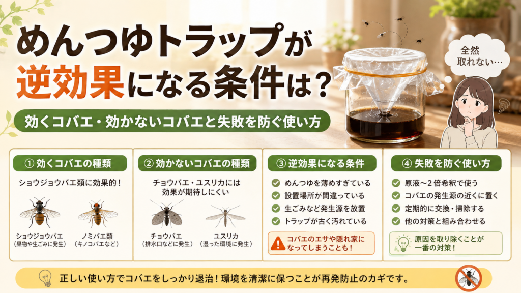 めんつゆトラップが逆効果になる条件は?効くコバエ・効かないコバエと失敗を防ぐ使い方
