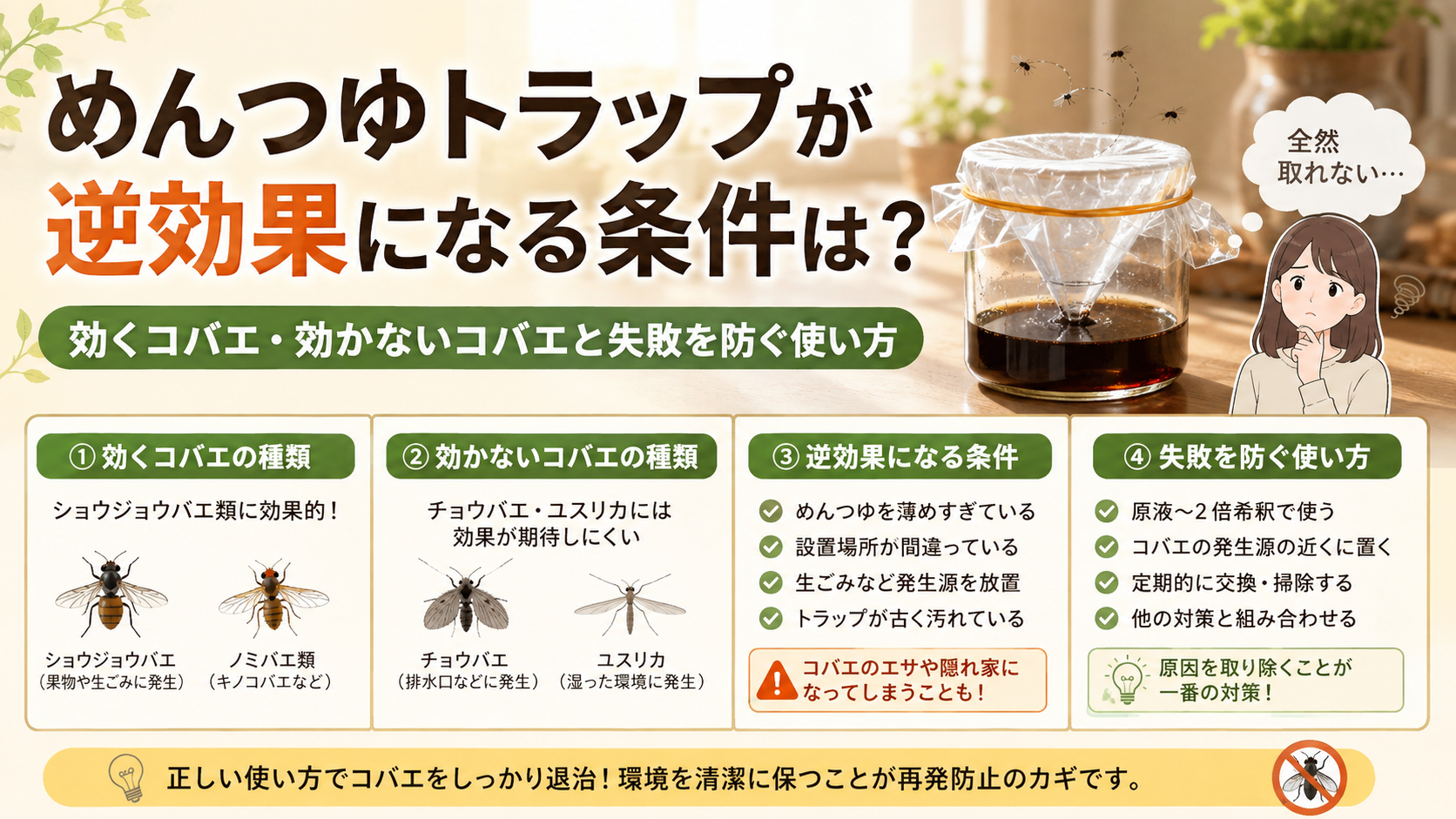 めんつゆトラップが逆効果になる条件は？効くコバエ・効かないコバエと失敗を防ぐ使い方