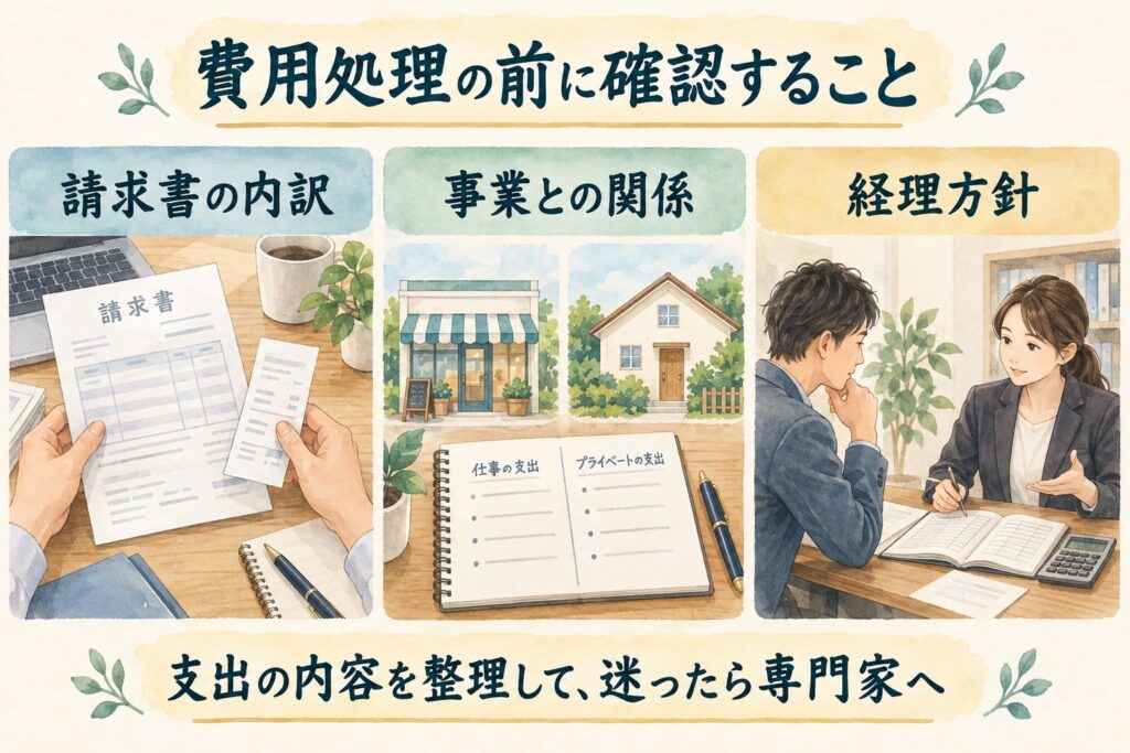 費用処理の前に、請求書の内訳、事業との関係、経理方針を確認する。支出の内容を整理し、迷ったら専門家に相談する。
