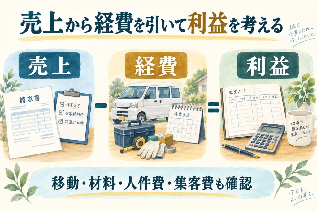 売上から経費を差し引いて利益を考える。材料、人件費、移動、集客などの費用も確認する。