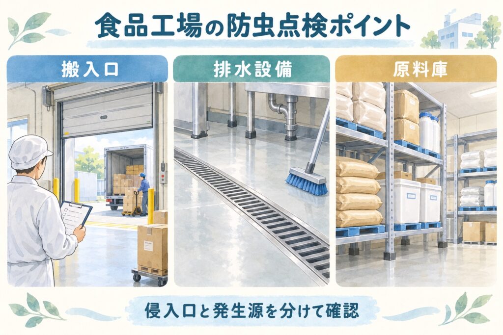 食品工場の防虫点検ポイント。搬入口、排水設備、原料庫を確認し、侵入口と発生源を分けて調べる。