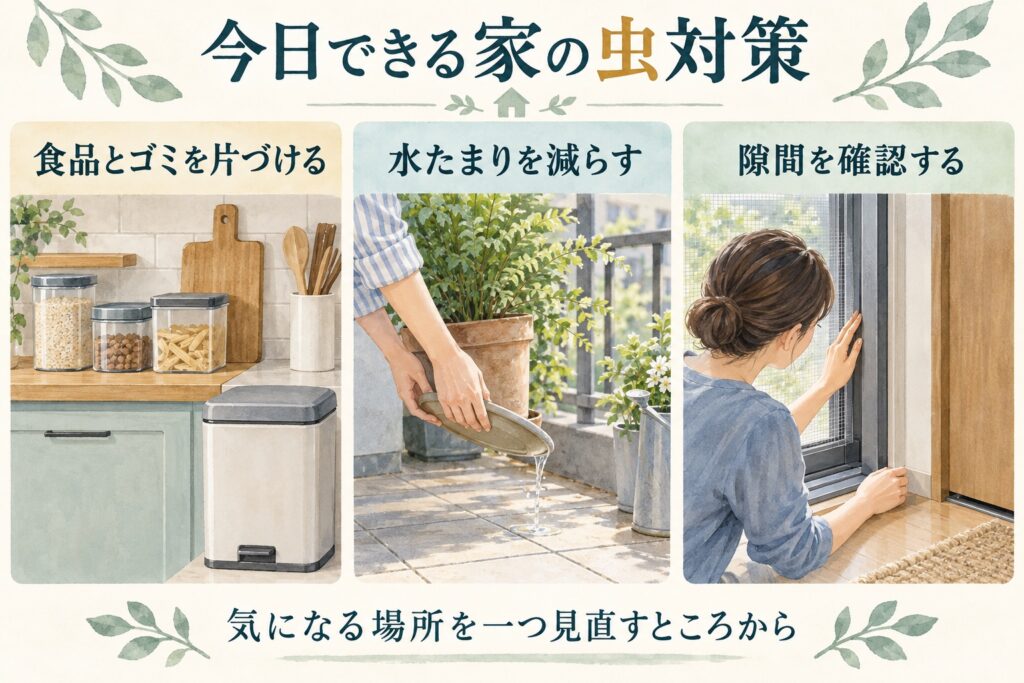 今日できる家の虫対策。食品とゴミを片づける、水たまりを減らす、網戸やドアの隙間を確認する。