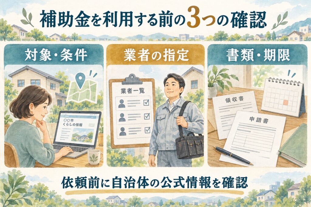 補助金を利用する前に、対象・条件、業者の指定、書類・期限を確認する。依頼前に自治体の公式情報を確認する。
