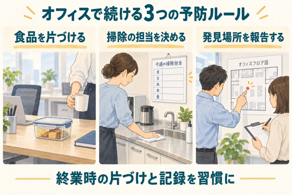 オフィスの害虫予防ルール。食品を片づける、掃除の担当を決める、発見場所を報告する。終業時の片づけと記録を習慣にする。
