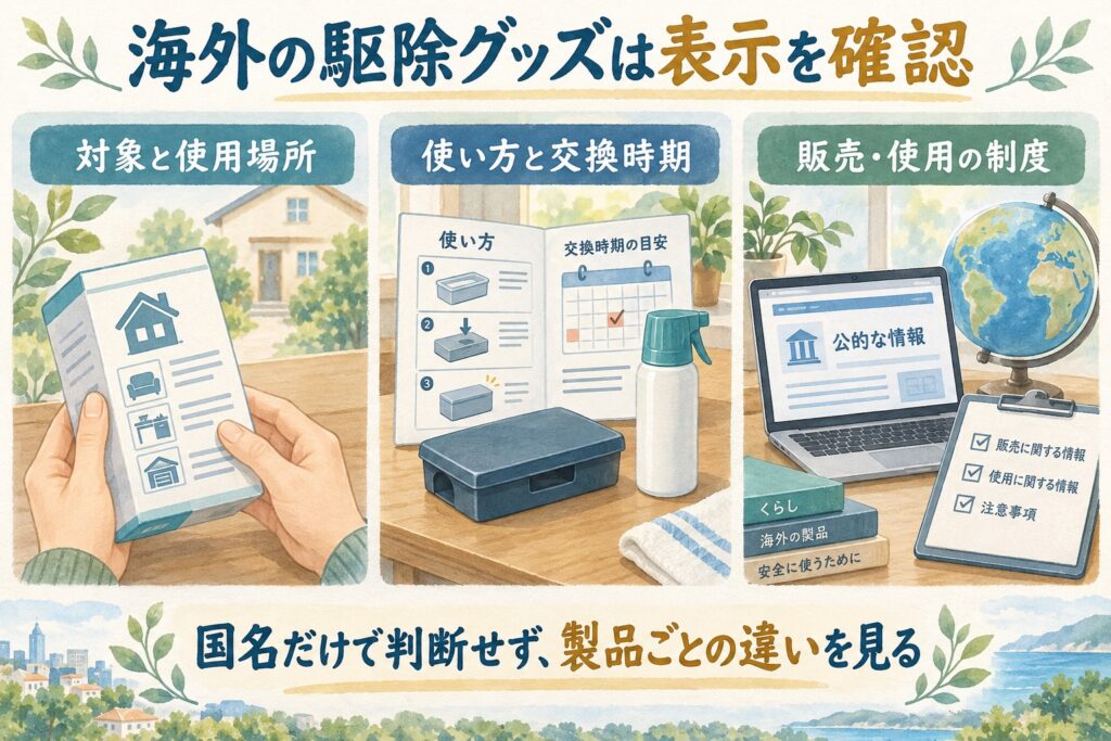 海外の駆除グッズは、対象と使用場所、使い方と交換時期、販売・使用の制度を確認する。国名だけで判断せず、製品ごとの違いを見る。