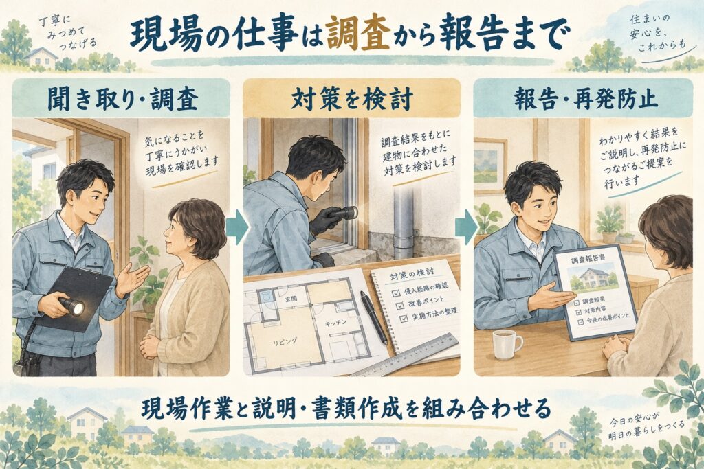 害虫駆除の現場の仕事。聞き取り・調査から対策を検討し、報告と再発防止の説明まで行う。
