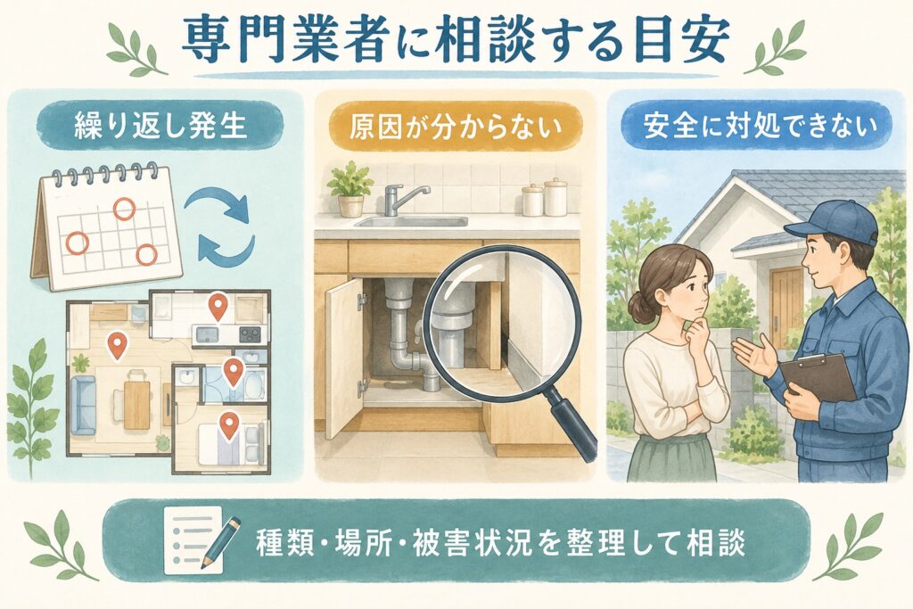 専門業者へ相談する目安は、繰り返し発生する、原因が分からない、安全に対処できない場合。種類・場所・被害状況を整理して相談する。