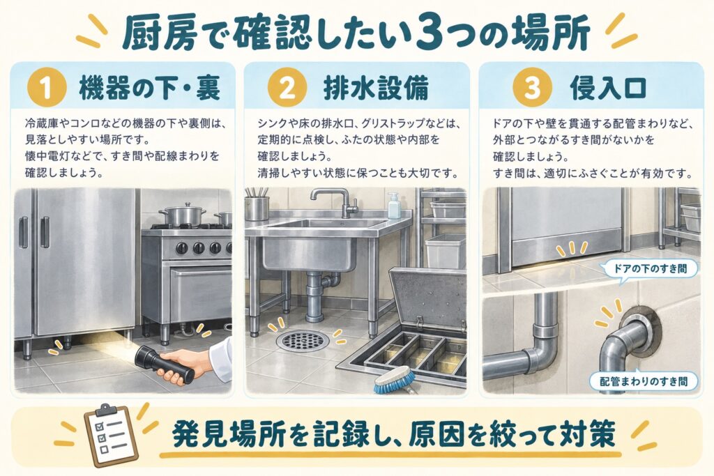 厨房の点検場所。冷蔵庫やコンロの下・裏、排水口やグリストラップ、ドア下や配管まわりの侵入口を確認し、発見場所を記録する。