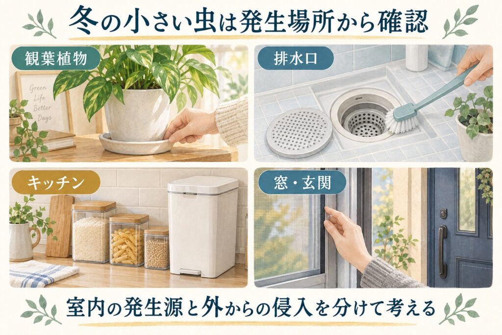 冬の小さい虫の確認場所。観葉植物、排水口、キッチン、窓・玄関を点検し、室内の発生源と屋外からの侵入を分けて考える。